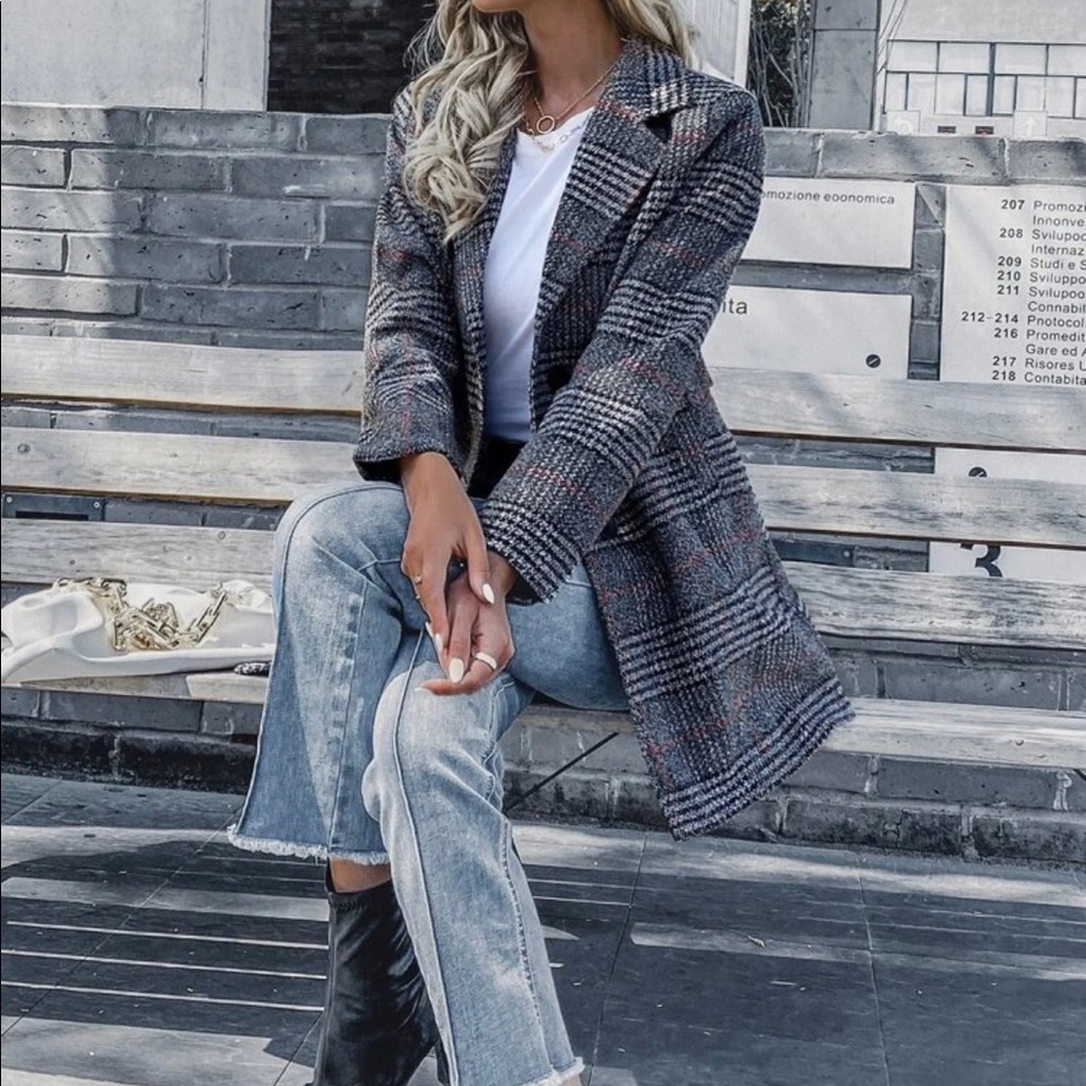 plaid print double breasted blazer jacket coat - Picture 5 of 6
